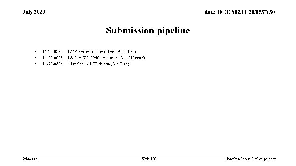 July 2020 doc. : IEEE 802. 11 -20/0537 r 30 Submission pipeline • •