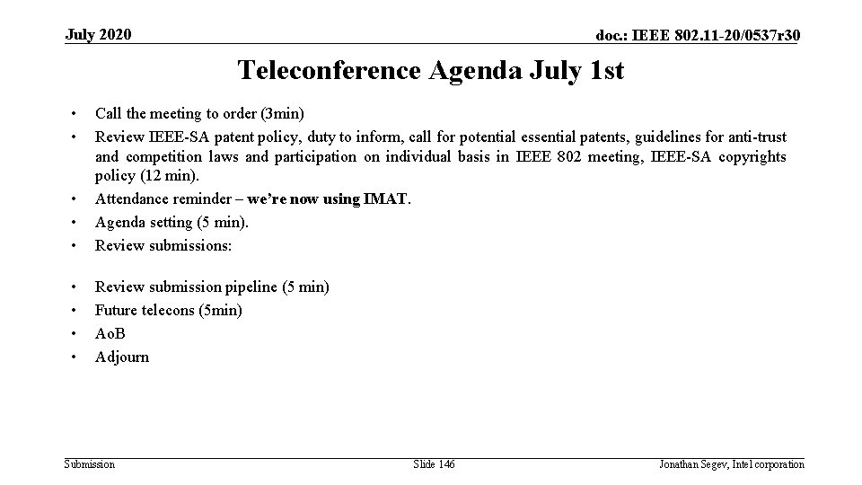 July 2020 doc. : IEEE 802. 11 -20/0537 r 30 Teleconference Agenda July 1