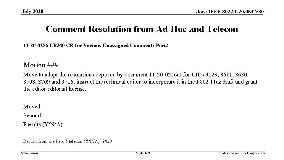 July 2020 doc. : IEEE 802. 11 -20/0537 r 30 Comment Resolution from Ad