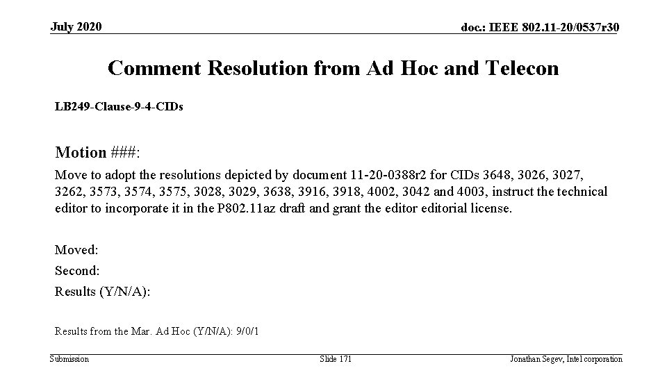 July 2020 doc. : IEEE 802. 11 -20/0537 r 30 Comment Resolution from Ad