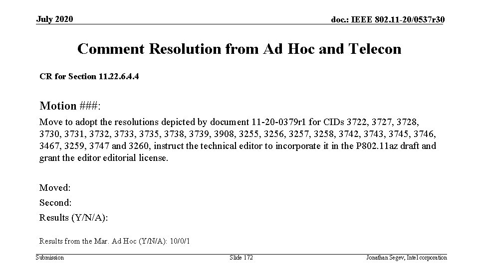 July 2020 doc. : IEEE 802. 11 -20/0537 r 30 Comment Resolution from Ad