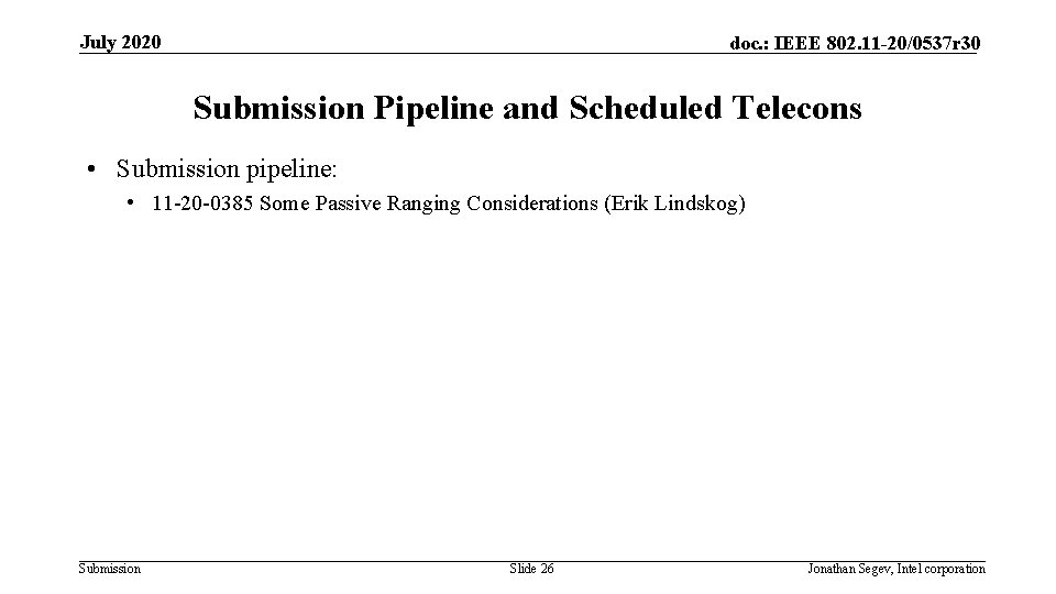 July 2020 doc. : IEEE 802. 11 -20/0537 r 30 Submission Pipeline and Scheduled