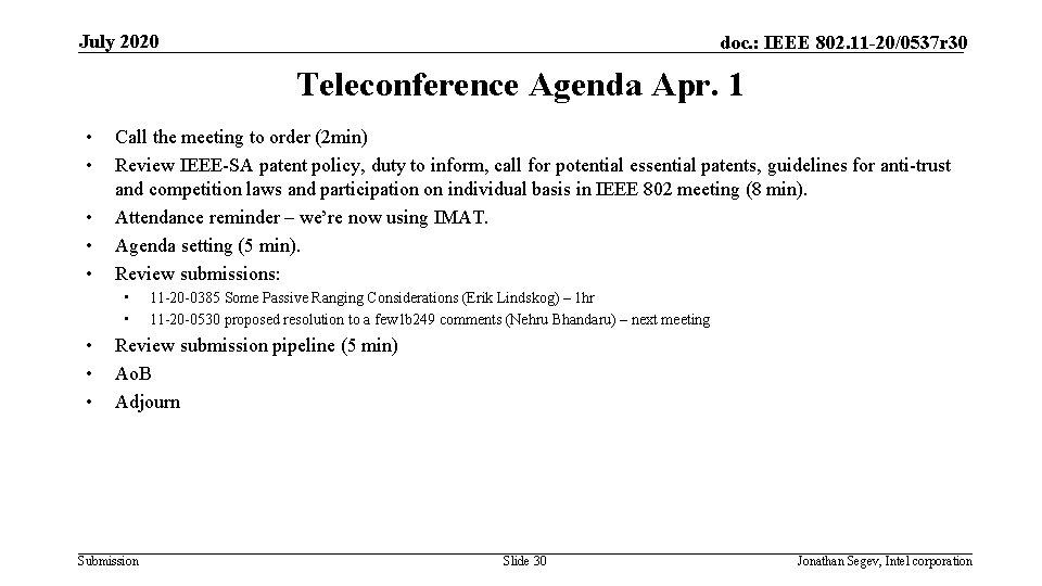 July 2020 doc. : IEEE 802. 11 -20/0537 r 30 Teleconference Agenda Apr. 1