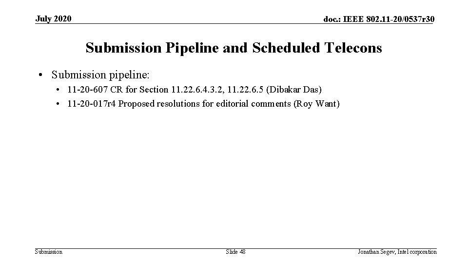 July 2020 doc. : IEEE 802. 11 -20/0537 r 30 Submission Pipeline and Scheduled