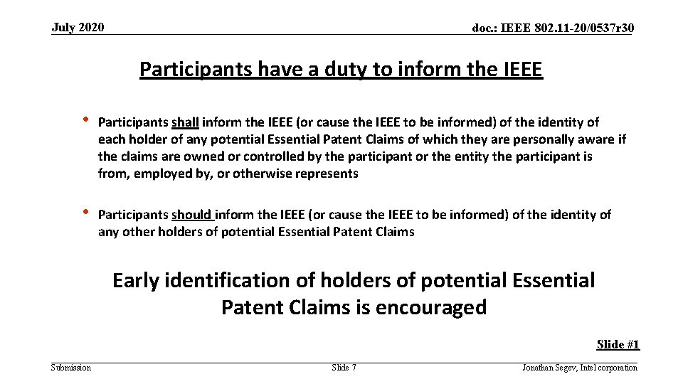 July 2020 doc. : IEEE 802. 11 -20/0537 r 30 Participants have a duty