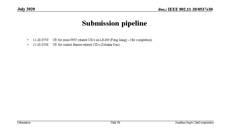 July 2020 doc. : IEEE 802. 11 -20/0537 r 30 Submission pipeline • •