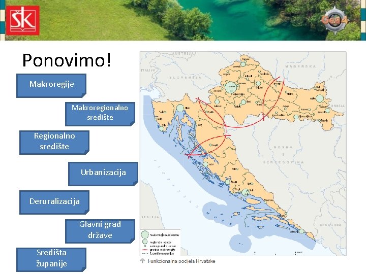 Ponovimo! Makroregije Makroregionalno središte Regionalno središte Urbanizacija Deruralizacija Glavni grad države Središta županije 