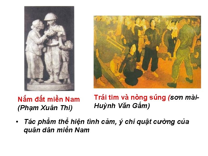 Nắm đất miền Nam (Phạm Xuân Thi) Trái tim và nòng súng (sơn mài.