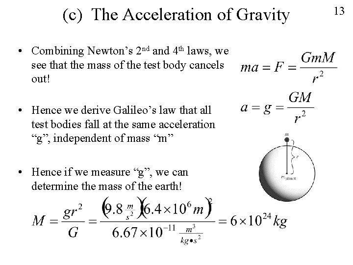 (c) The Acceleration of Gravity • Combining Newton’s 2 nd and 4 th laws, (c) The Acceleration of Gravity • Combining Newton’s 2 nd and 4 th laws,