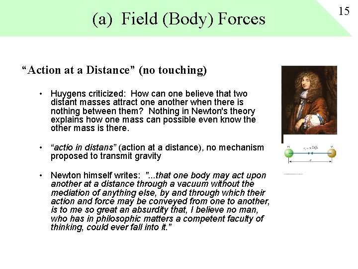 (a) Field (Body) Forces “Action at a Distance” (no touching) • Huygens criticized: How (a) Field (Body) Forces “Action at a Distance” (no touching) • Huygens criticized: How