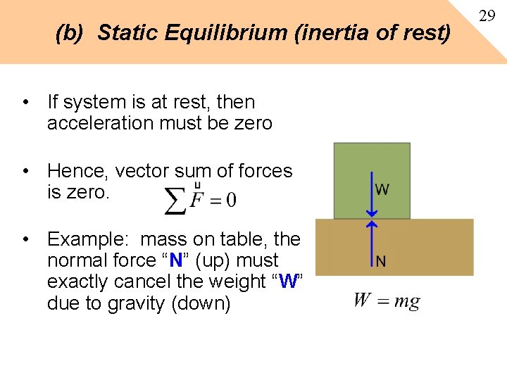(b) Static Equilibrium (inertia of rest) • If system is at rest, then acceleration (b) Static Equilibrium (inertia of rest) • If system is at rest, then acceleration