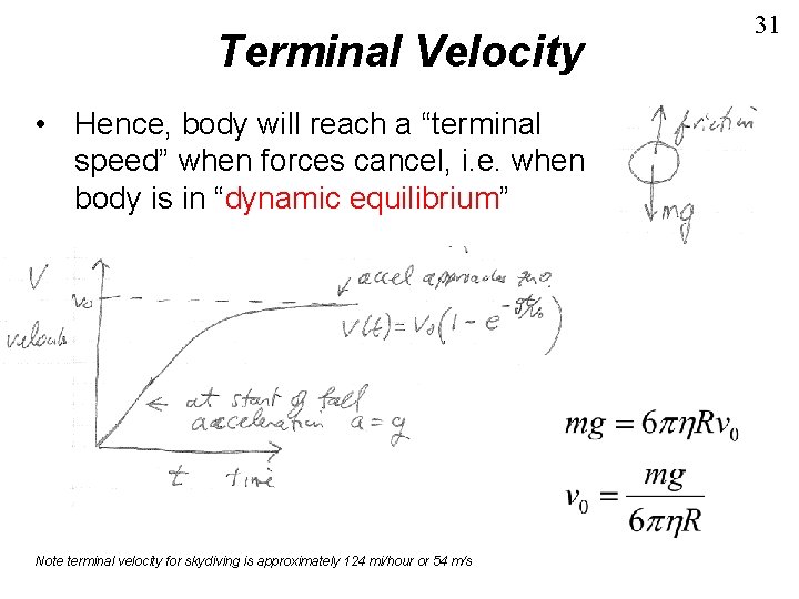 Terminal Velocity • Hence, body will reach a “terminal speed” when forces cancel, i. Terminal Velocity • Hence, body will reach a “terminal speed” when forces cancel, i.