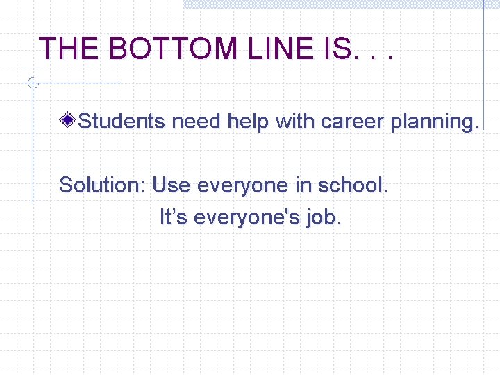 THE BOTTOM LINE IS. . . Students need help with career planning. Solution: Use