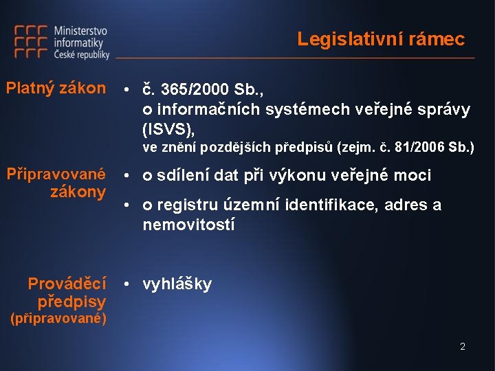 Legislativní rámec Platný zákon • č. 365/2000 Sb. , o informačních systémech veřejné správy