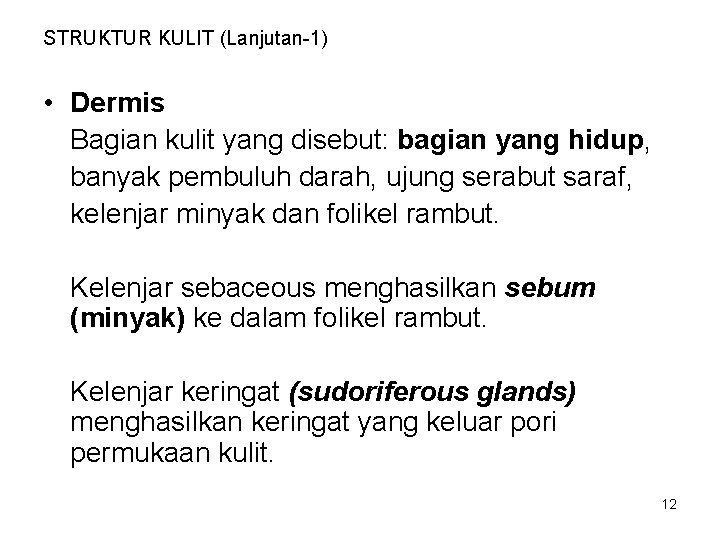 STRUKTUR KULIT (Lanjutan-1) • Dermis Bagian kulit yang disebut: bagian yang hidup, banyak pembuluh