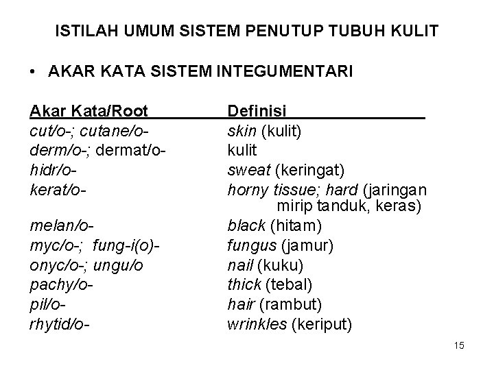 ISTILAH UMUM SISTEM PENUTUP TUBUH KULIT • AKAR KATA SISTEM INTEGUMENTARI Akar Kata/Root cut/o-;