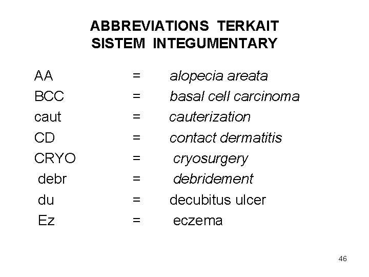 ABBREVIATIONS TERKAIT SISTEM INTEGUMENTARY AA BCC caut CD CRYO debr du Ez = =