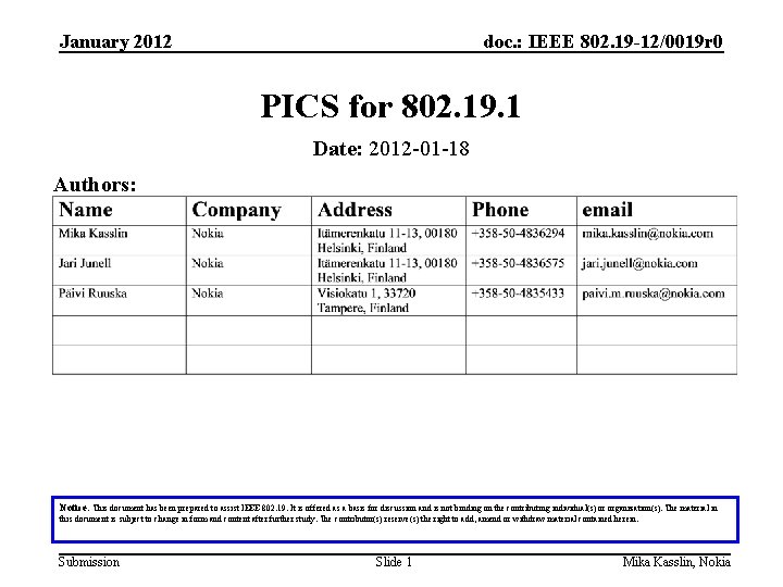 January 2012 doc. : IEEE 802. 19 -12/0019 r 0 PICS for 802. 19.