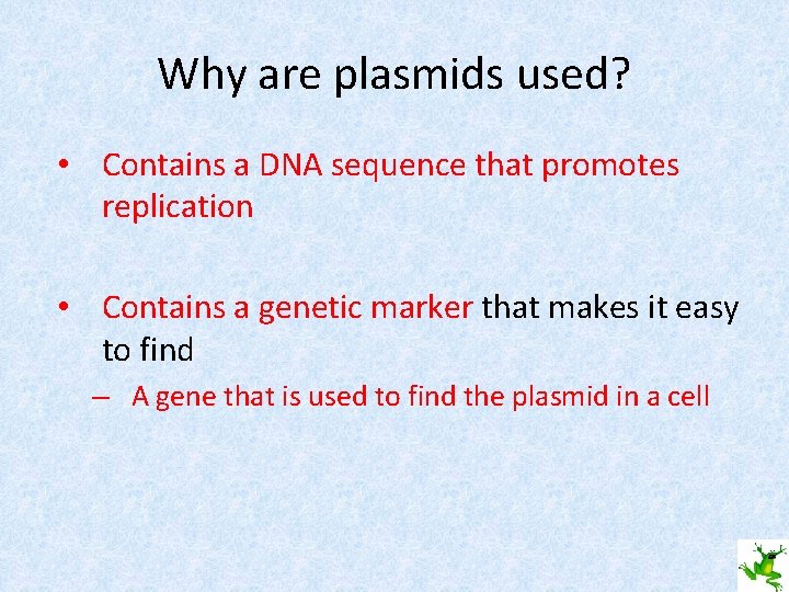 Why are plasmids used? • Contains a DNA sequence that promotes replication • Contains