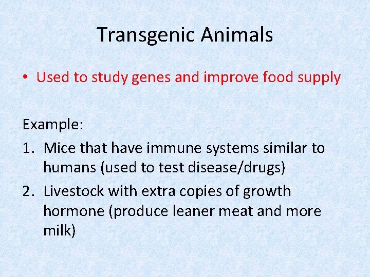 Transgenic Animals • Used to study genes and improve food supply Example: 1. Mice
