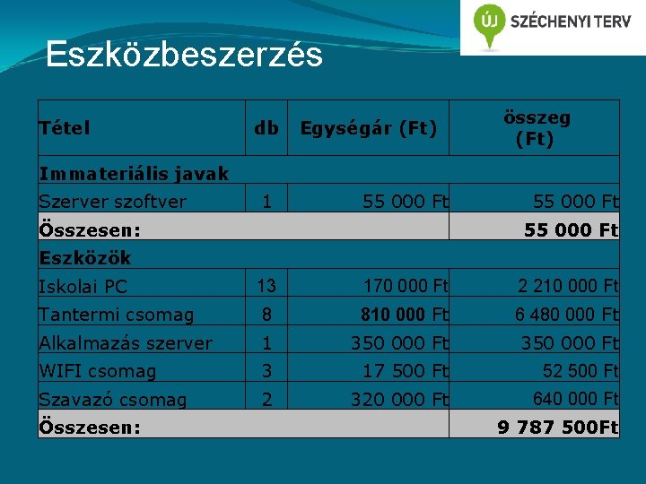 Eszközbeszerzés Tétel db Egységár (Ft) összeg (Ft) Immateriális javak Szerver szoftver 1 55 000