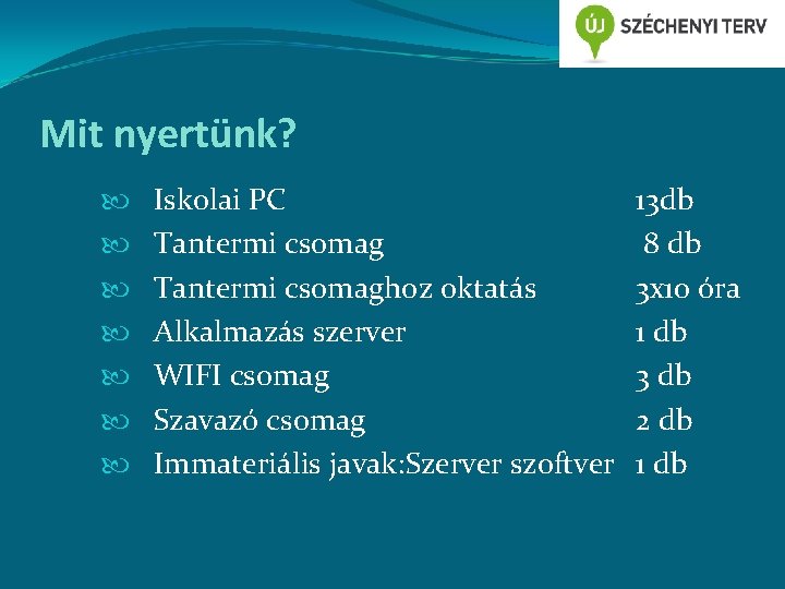 Mit nyertünk? Iskolai PC Tantermi csomaghoz oktatás Alkalmazás szerver WIFI csomag Szavazó csomag Immateriális