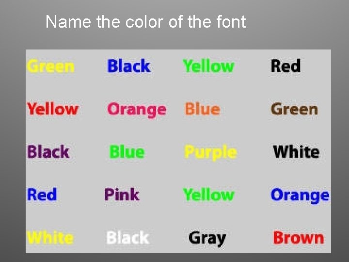 Name the color of the font Name the color of the font