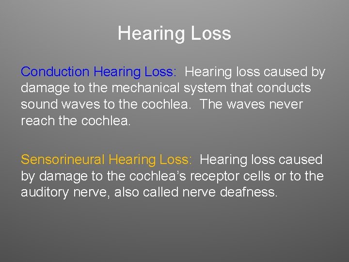 Hearing Loss Conduction Hearing Loss: Hearing loss caused by damage to the mechanical system Hearing Loss Conduction Hearing Loss: Hearing loss caused by damage to the mechanical system