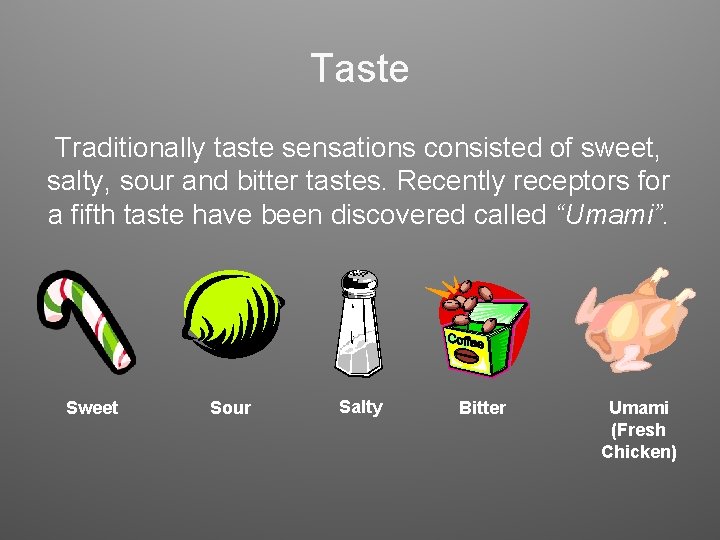 Taste Traditionally taste sensations consisted of sweet, salty, sour and bitter tastes. Recently receptors Taste Traditionally taste sensations consisted of sweet, salty, sour and bitter tastes. Recently receptors