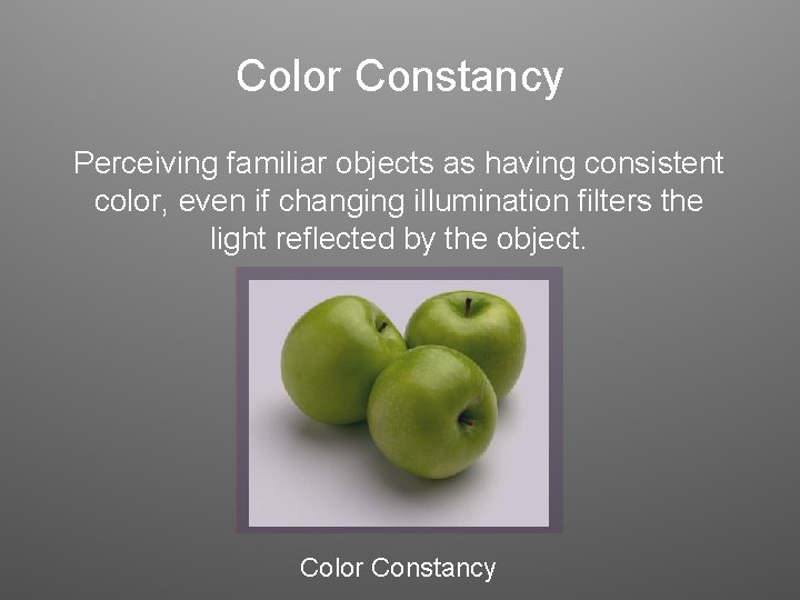 Color Constancy Perceiving familiar objects as having consistent color, even if changing illumination filters Color Constancy Perceiving familiar objects as having consistent color, even if changing illumination filters