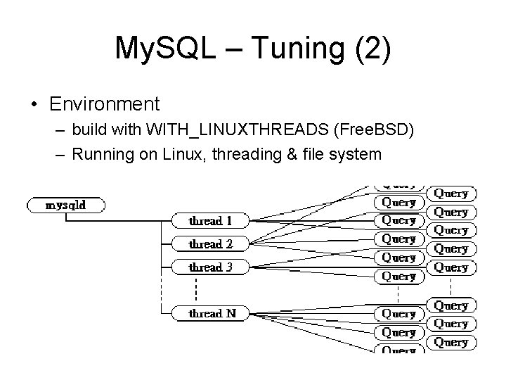 My. SQL – Tuning (2) • Environment – build with WITH_LINUXTHREADS (Free. BSD) –