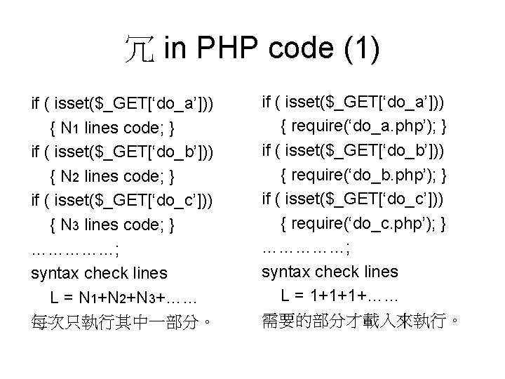 冗 in PHP code (1) if ( isset($_GET[‘do_a’])) { N 1 lines code; }