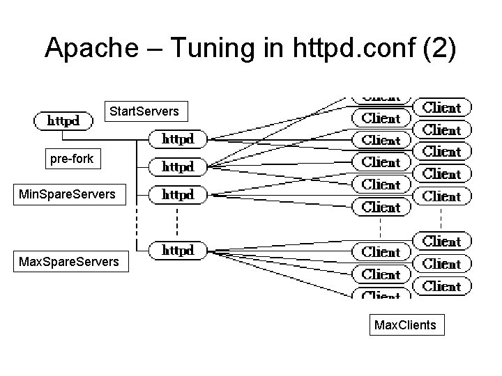 Apache – Tuning in httpd. conf (2) Start. Servers pre-fork Min. Spare. Servers Max.