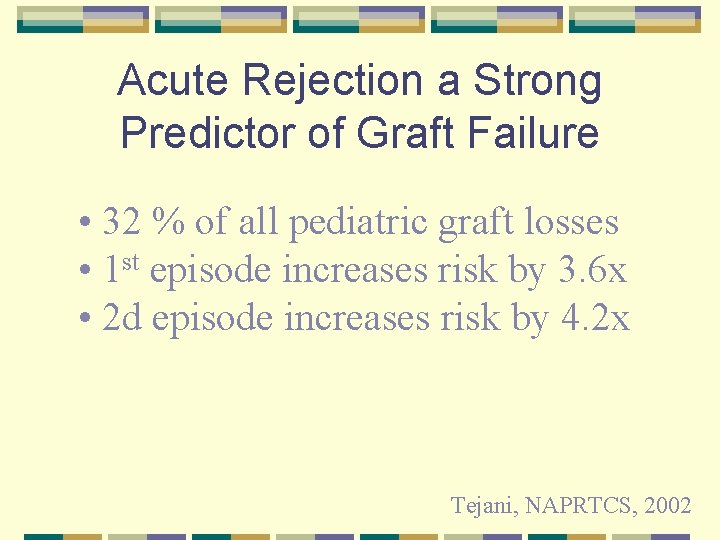Acute Rejection a Strong Predictor of Graft Failure • 32 % of all pediatric
