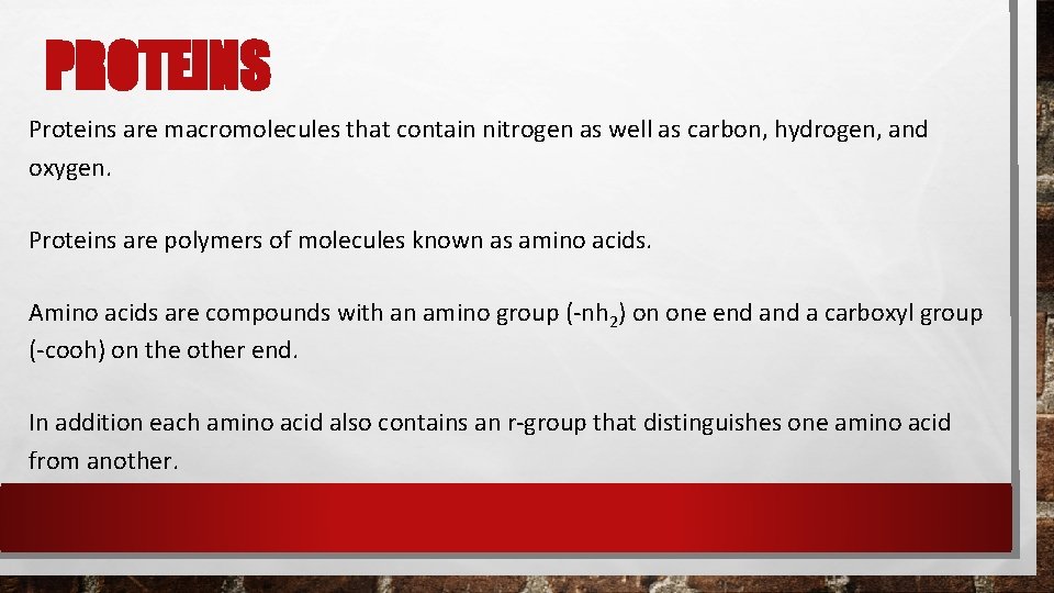PROTEINS Proteins are macromolecules that contain nitrogen as well as carbon, hydrogen, and oxygen. PROTEINS Proteins are macromolecules that contain nitrogen as well as carbon, hydrogen, and oxygen.