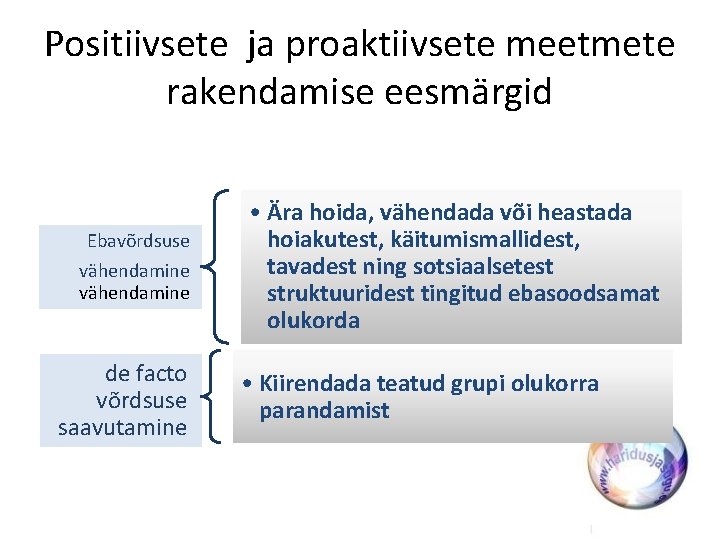 Positiivsete ja proaktiivsete meetmete rakendamise eesmärgid Ebavõrdsuse vähendamine de facto võrdsuse saavutamine • Ära