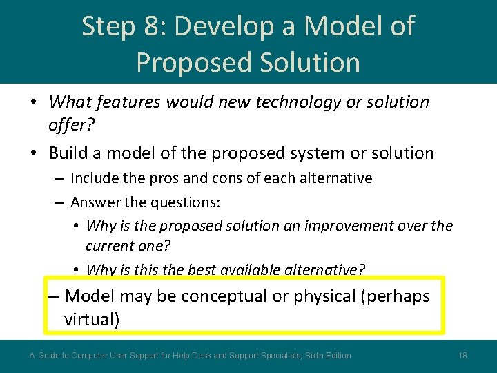 Step 8: Develop a Model of Proposed Solution • What features would new technology