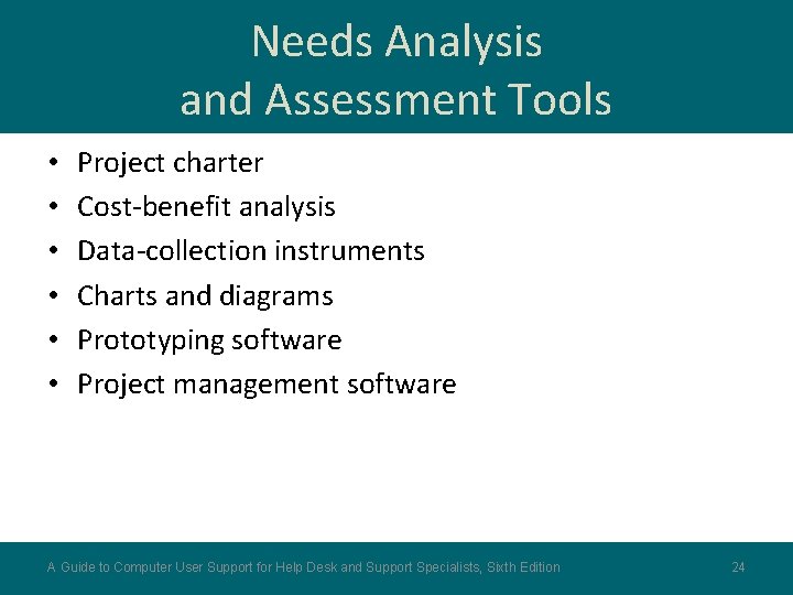 Needs Analysis and Assessment Tools • • • Project charter Cost-benefit analysis Data-collection instruments