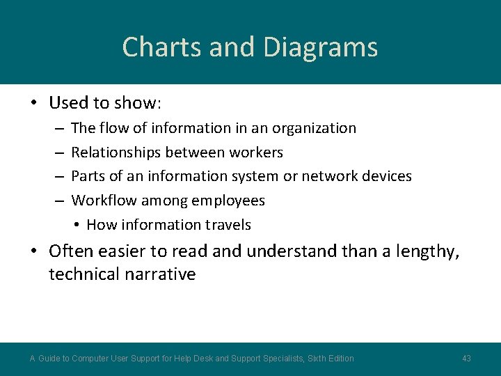 Charts and Diagrams • Used to show: – – The flow of information in