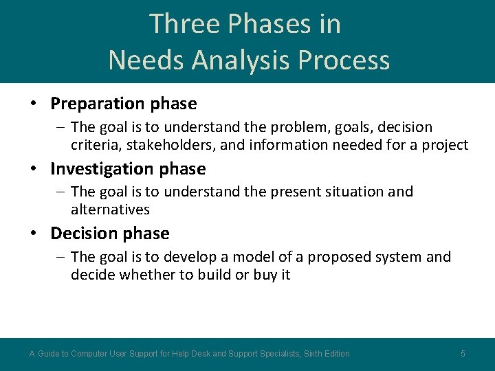 Three Phases in Needs Analysis Process • Preparation phase – The goal is to