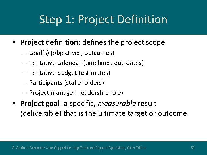 Step 1: Project Definition • Project definition: defines the project scope – – –