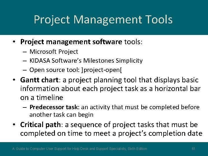 Project Management Tools • Project management software tools: – Microsoft Project – KIDASA Software’s