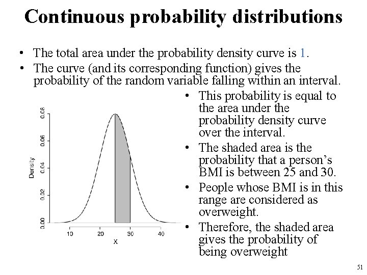 Continuous probability distributions • The total area under the probability density curve is 1.