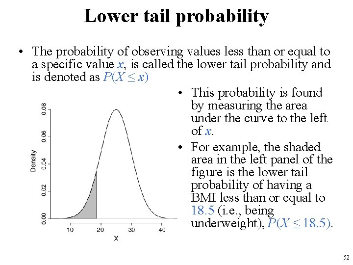Lower tail probability • The probability of observing values less than or equal to