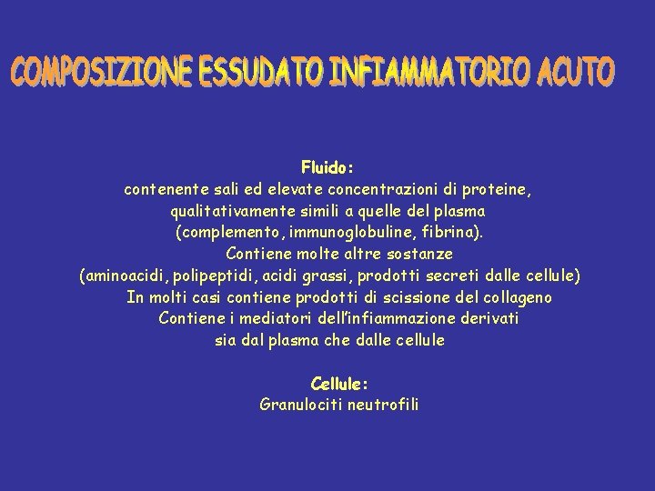 Fluido: contenente sali ed elevate concentrazioni di proteine, qualitativamente simili a quelle del plasma