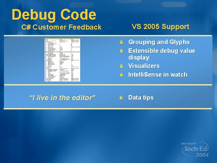 Debug Code C# Customer Feedback VS 2005 Support Grouping and Glyphs Extensible debug value