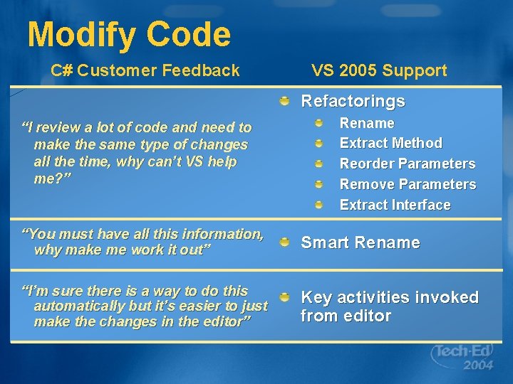 Modify Code C# Customer Feedback VS 2005 Support Refactorings “I review a lot of