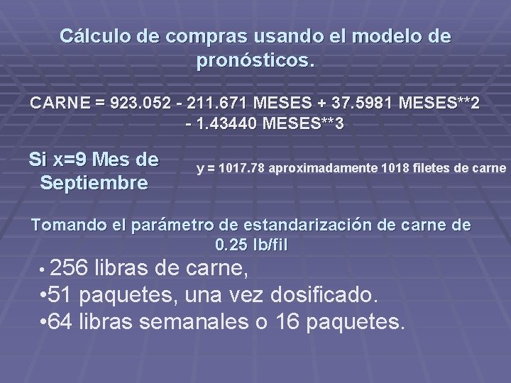 Cálculo de compras usando el modelo de pronósticos. CARNE = 923. 052 - 211.