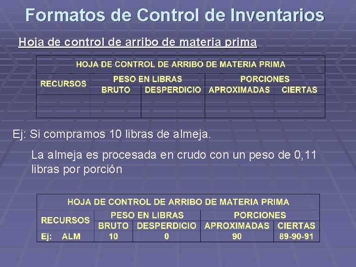 Formatos de Control de Inventarios Hoja de control de arribo de materia prima Ej: