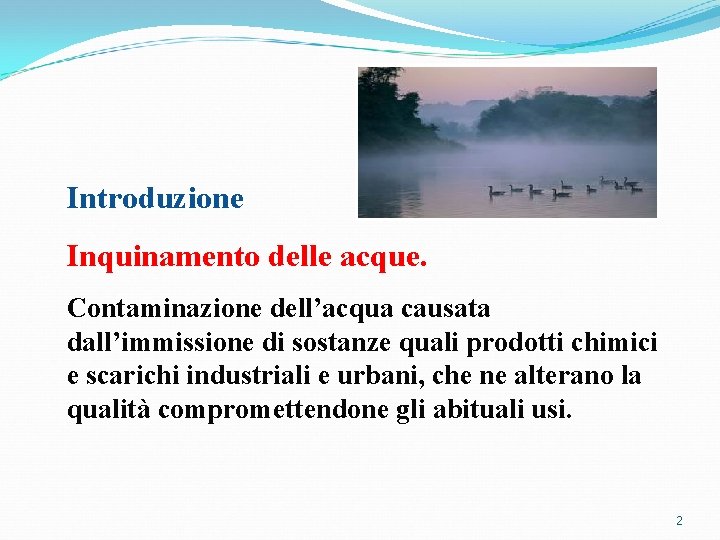 Introduzione Inquinamento delle acque. Contaminazione dell’acqua causata dall’immissione di sostanze quali prodotti chimici e